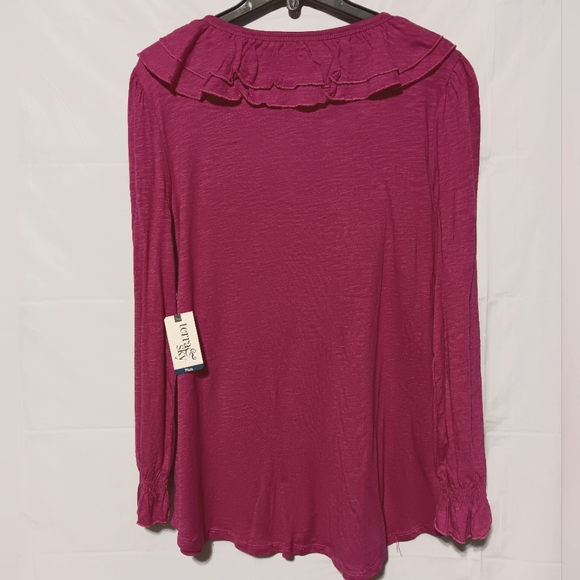 Terra & Sky NWT Women's V-neck Ruffle Tunic, Pink, Lightweight Long Sleeve - Picture 9 of 9